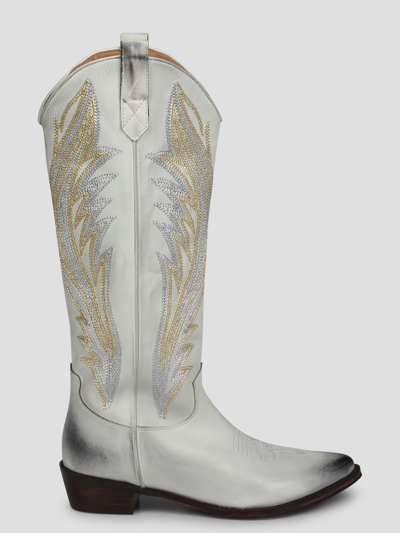 Coral Blue Threads Embroidery Leather Boot In White