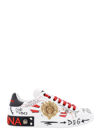 Dolce & Gabbana Calfskin Portofino Sneakers With Embroidery And Studs In Multi
