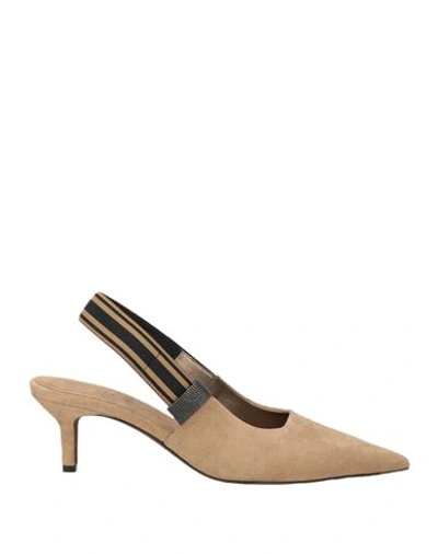 Brunello Cucinelli Suede Monili-trim Slingback Pumps 55 In Beige