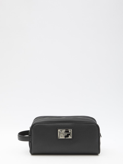Dolce & Gabbana Toiletry Bag In Grained Calfskin And Nylon In Black