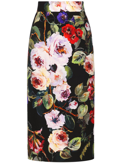 Dolce & Gabbana Rose Garden素绉缎中长半身裙 In Multicolor