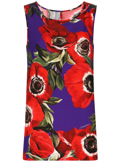 Dolce & Gabbana Poppy-print Round-neck Tank Top In Pink & Purple