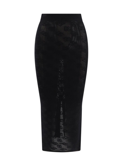 Dolce & Gabbana Mesh-stitch Pencil Skirt With Jacquard Dg Logo In Black
