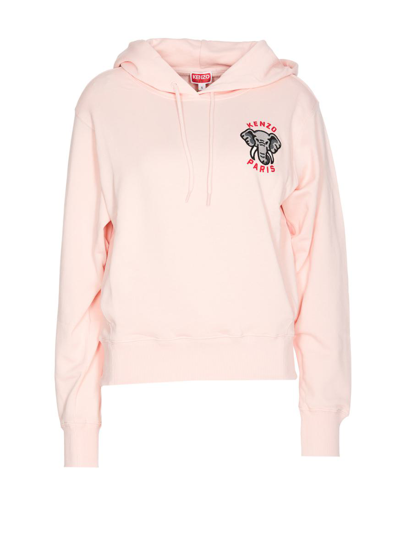 Kenzo Elephant Embroidered Drawstring Hoodie In Nude & Neutrals