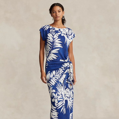 Ralph Lauren Floral Linen Faux-wrap Dress In Blue Floral