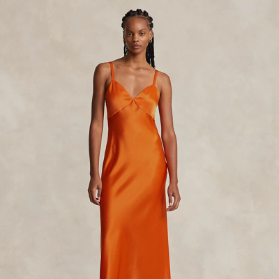 Ralph Lauren Satin Sleeveless Gown In Bright Signal Orange