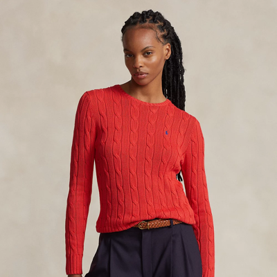 Ralph Lauren Cable-knit Cotton Crewneck Jumper In Bright Hibiscus