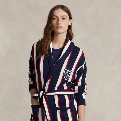 Ralph Lauren Striped Linen-blend Wrap Cardigan In Navy/red Stripe