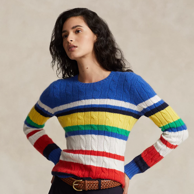 Ralph Lauren Striped Cable-knit Cashmere Sweater In Heritage Blue Multi Strip