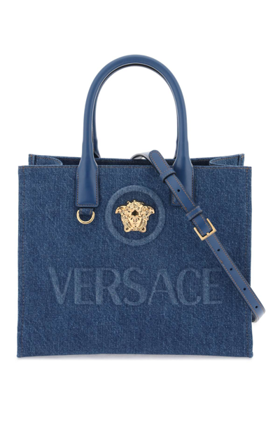 Versace Small Denim La Medusa Tote Bag In Blue