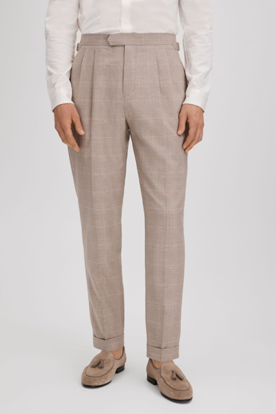 Reiss Oatmeal Slim Fit Check Adjuster Trousers With Turn-ups