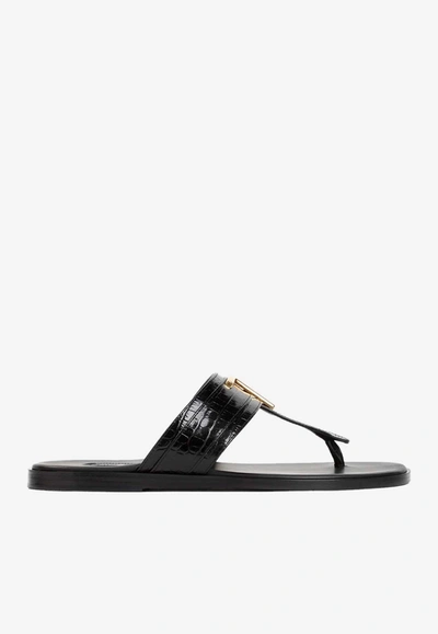 Tom Ford Brighton Croc-embossed Leather Flat Sandals In Black