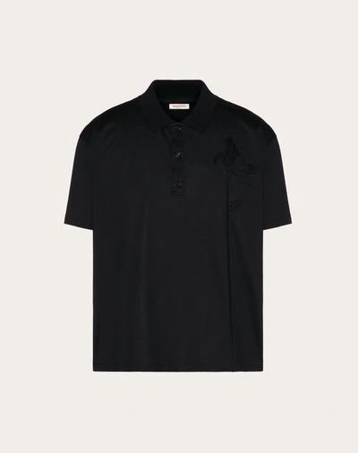 Valentino Mercerised Cotton Polo Shirt With Flower Embroidery In Black
