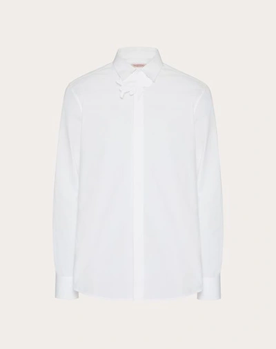 Valentino Long-sleeved Shirt In Cotton Poplin With Flower Patch In White