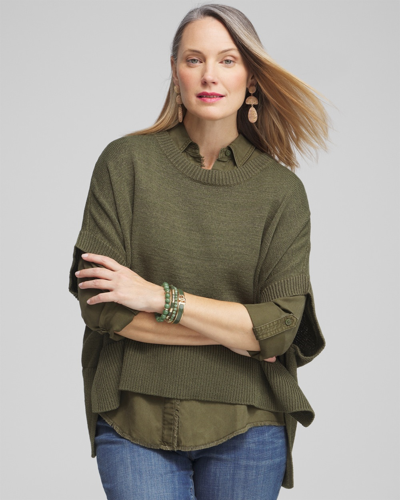 Chico's Short Sleeve Knit Poncho In Olive Green