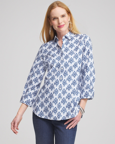Chico's No Iron Stretch Ikat Shirt In French Blue Size Medium |