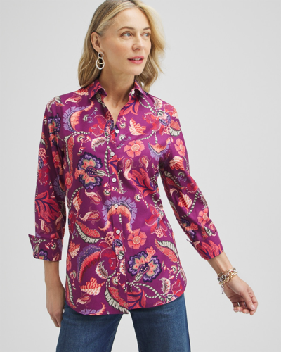 Chico's No Iron Stretch Paisley Shirt In Purple Size Medium |  In Plumberry