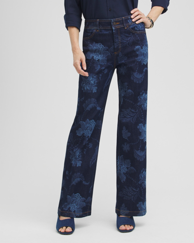 Chico's Floral Laser Print Trouser Jeans In Dark Wash Denim Size 6 |