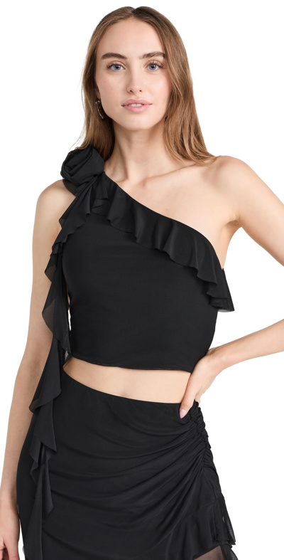 Afrm Kellon Rosettte One Shoulder Ruffle Crop Top Noir Xs