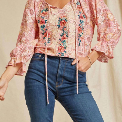 Savanna Jane Aztec Three Quarter Sleeve Embroidered Blouse In Multi In Pink