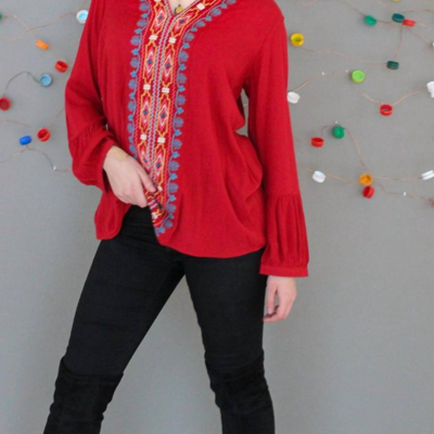 Avani Del Amour V Neck Embroidery Pullover In Red