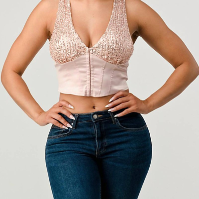 Privy Rose Sweatheart Cropped Sequin Top In Pink