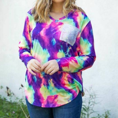 Lucky & Blessed Tie Dye V Neck Sequin Pocket Bright Colors Top In Purple
