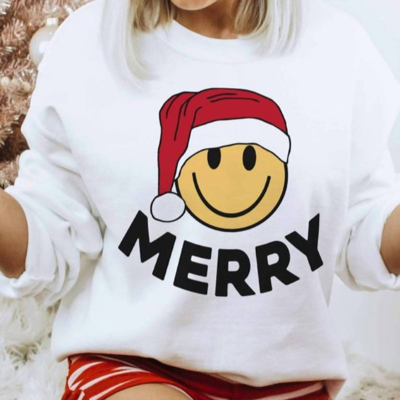 Wknder Merry Smiley Graphic Sweatshirt In White, Red, Yellow