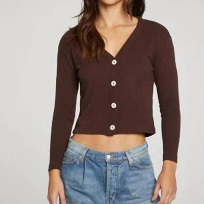 Chaser Button Down Cropped Cardigan In Falcon In Brown