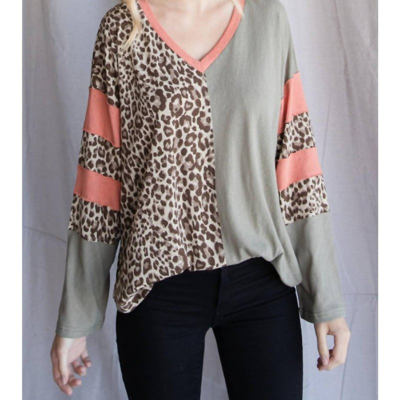 Jodifl Leopard Print Color Block Top In Grey