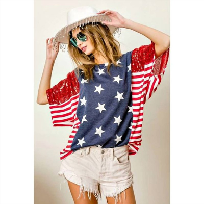 Bibi American Flag Stars With Stripes Sequin Sleeve Top In Red