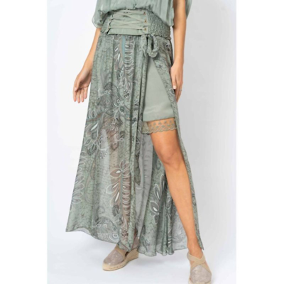 Look Mode Usa Palm Leaf Print Long Skirt In Olive In Green