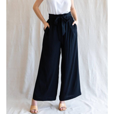 Jodifl Solid Wide Leg Pants With Stretch-band Ribbon And Self-tie Waist In Black