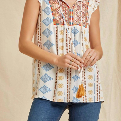 SAVANNA JANE AZTEC FLUTTER SLEEVE TANK