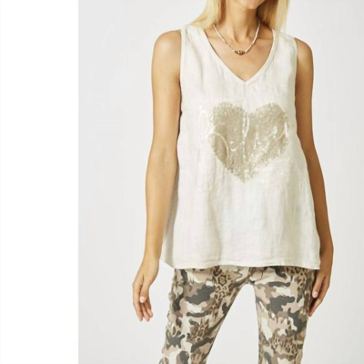 Look Mode Usa Sequin Heart "believe" Tank Top In Taupe In White