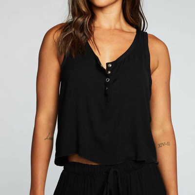 Chaser Heirloom Woven Snap Front Racerback Henley In True Black