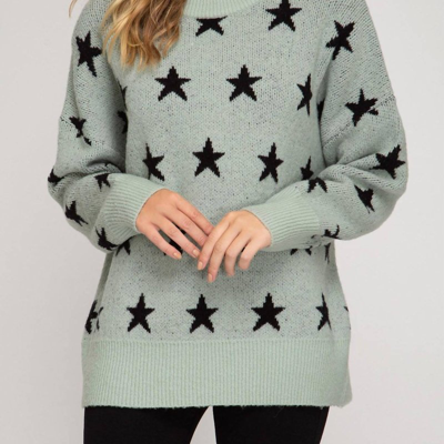She + Sky Star Print Slate Tunic Sweater In Green