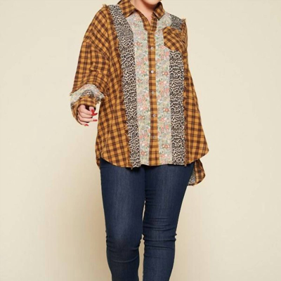 Oddi Plaid Oversized Floral And Animal Print Plus Shirt In Brown