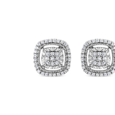 Haus Of Brilliance .925 Sterling Silver 1/4 Cttw Prong Set Round-cut Diamond Cluster In Square Frame Stud Earring In White