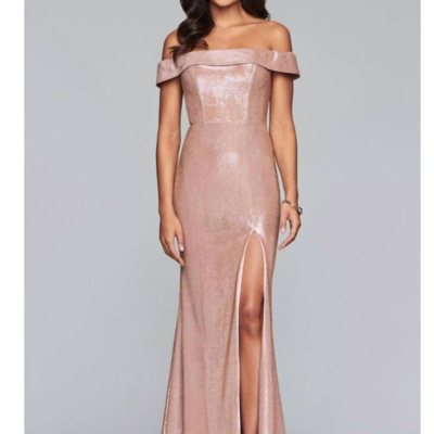 Faviana Classic Metallic Off The Shoulder Gown In Pink