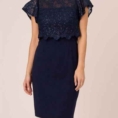 Adrianna Papell Sequined Guipure Lace Popover Sheath Dress In Navy In Blue