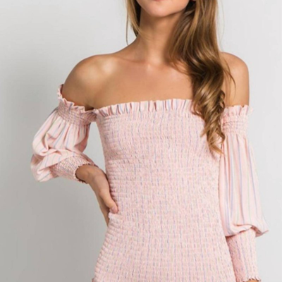 Fanco Stripe Off The Shoulder Shirred Mini Dress In Coral Striped In Pink