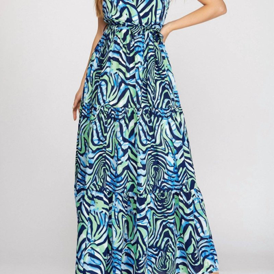 She + Sky Surplice Cami Printed Woven Tiered Maxi Dress In Navy In Blue