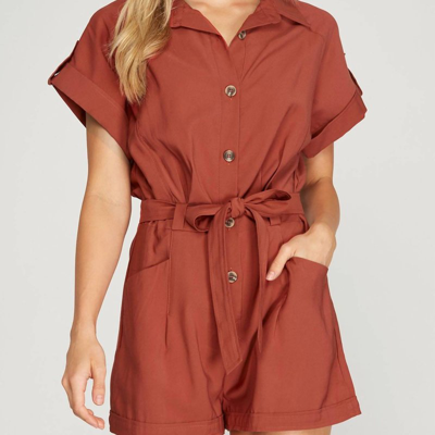 She + Sky Drop Shoulder Woven Twill Romper With Pockets In Rust In Red