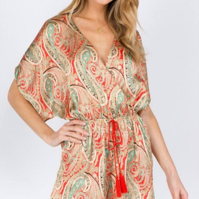 Fanco V Neck Kimono Sleeved Romper With Details In Red/green Floral Paisley In Orange