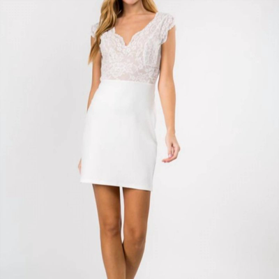 FANCO V NECK LACE EMBELLISHED MINI DRESS WITH STRETCHED PONTI