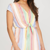 SHE + SKY DROP SHOULDER WOVEN STRIPED ROMPER WITH FRONT TIE DETAIL