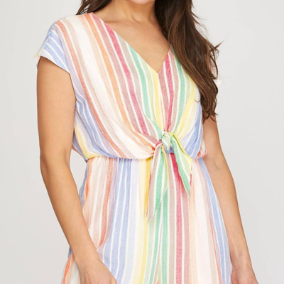 She + Sky Drop Shoulder Woven Striped Romper With Front Tie Detail In White