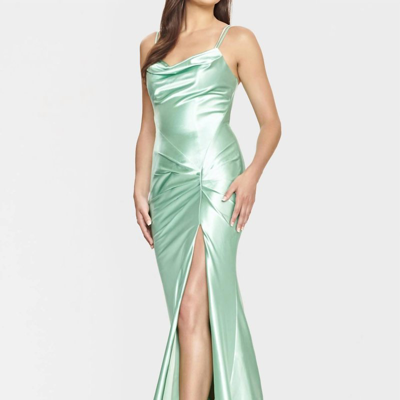 Faviana Satin Cowl Neck Evening Gown In Mint Green