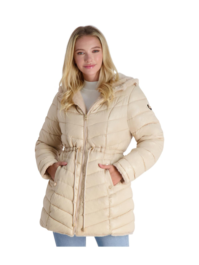 Jessica Simpson Womens Faux Fur Reversible Puffer Jacket In Beige